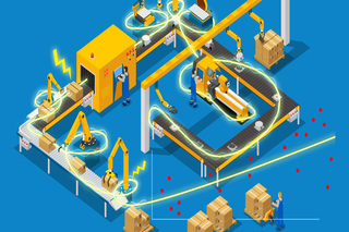 Robots in an assembly line with path of electricity through the machinery.