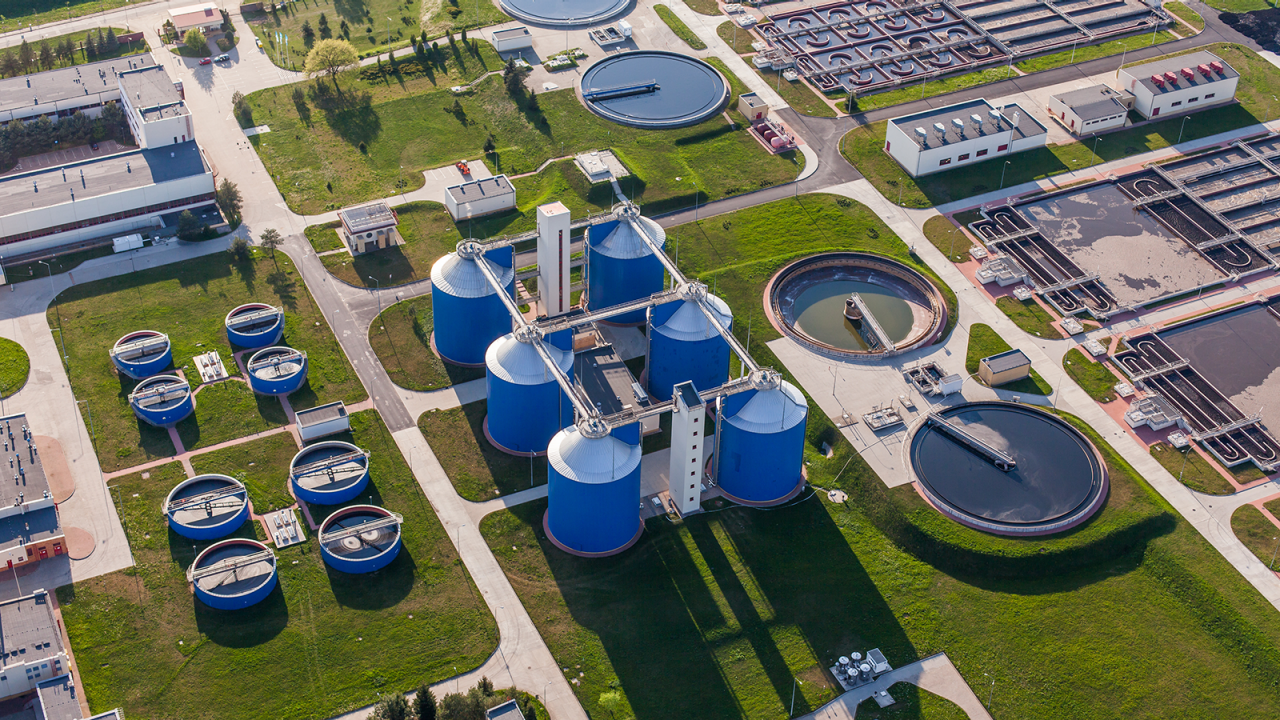 Aerial view of sewage treatment plant.